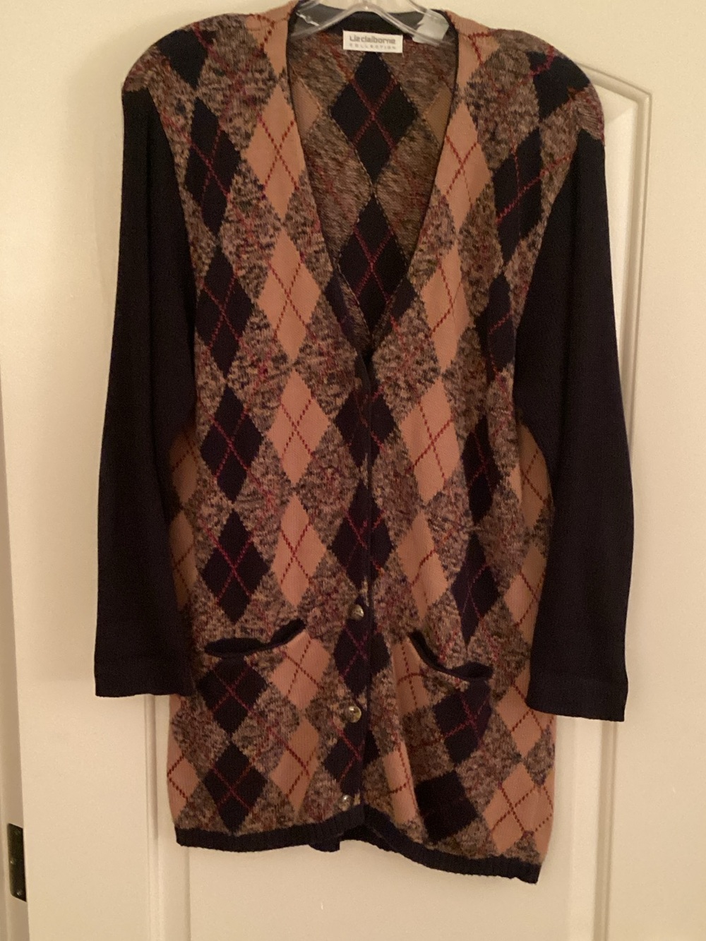 Liz Claiborne Black & Tan Argyle Long Cardigan